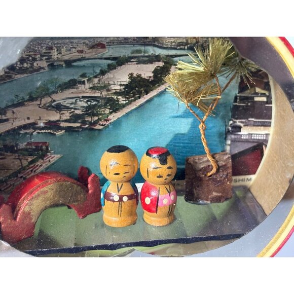 Vtg Japanese Round‎ Diorama Box Kokeshi Figures Mirror Wooden - Picture 3 of 9